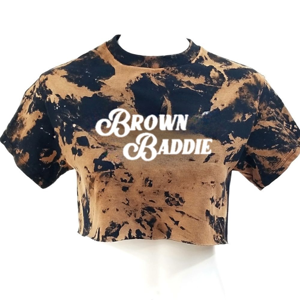 BROWN BADDIE Acid Wash, Distressed "Cropped" Crop Top Rock/Punk style Tee Latina